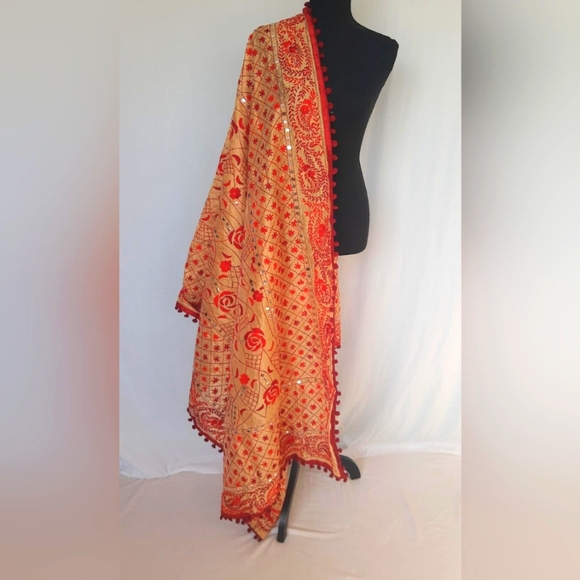 Phulkari work chanderi silk dupatta with mirror embellishments and pom poms - Picture 1 of 2